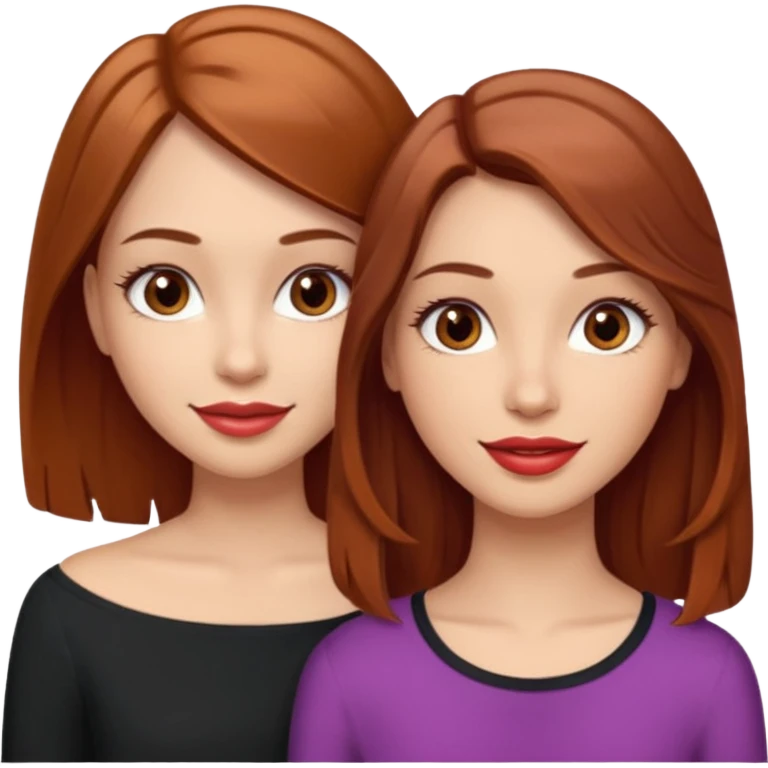 I want you to create me an emoji of two girls: one with light skin, shoulder length hair (straight and brown), brown eyes with very long eyelashes and full lips; the other girl must also have light skin, shoulder length hair (wavy and red), brown eyes and a nice smile with glossy lips emoji