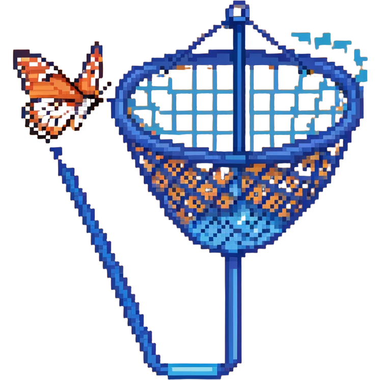 An insect-catching net with a blue handle and a butterfly inside the net emoji