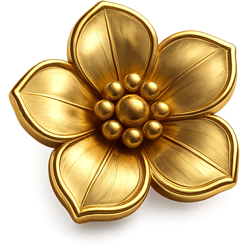 Edit the image to make the flowers match the same gold color and style as the badge, so they blend seamlessly with the gold theme. Keep the chibi ninja girl, sparkly effects, and badge shape unchanged. Maintain a transparent background. The image is sized for Twitch or Discord use. emoji