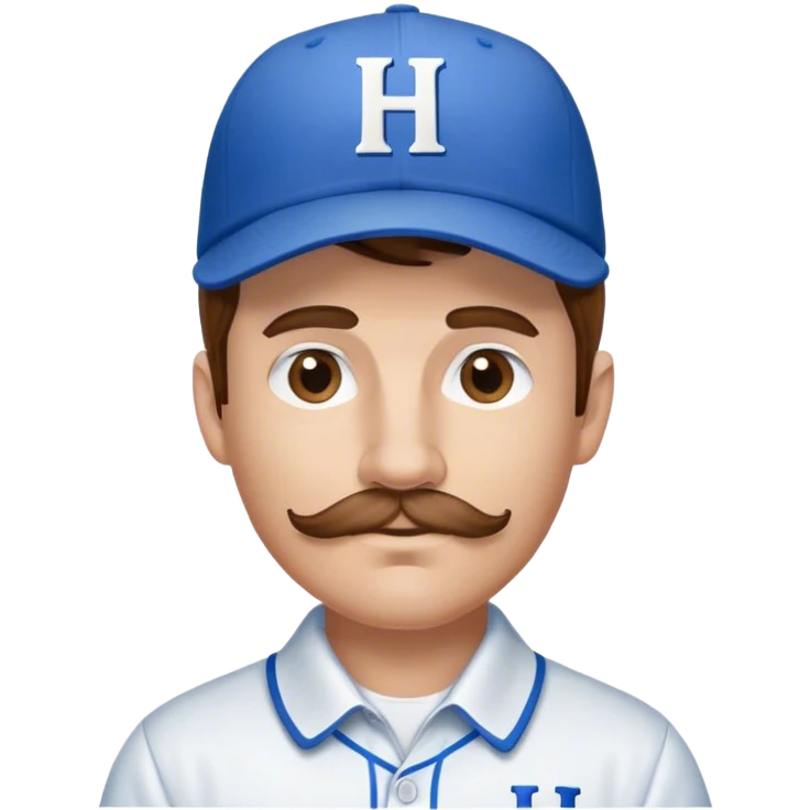 White Man with brown, short mustache, mid-length brown hair wearing blue baseball hat with the letter H on it. He is wearing a collared white dress shirt with nothing on it.  There should be no H on the shirt.  emoji