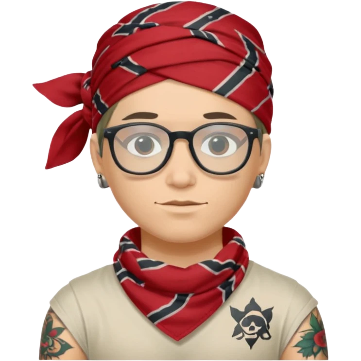 character with bandana and glasses and tattoted emoji