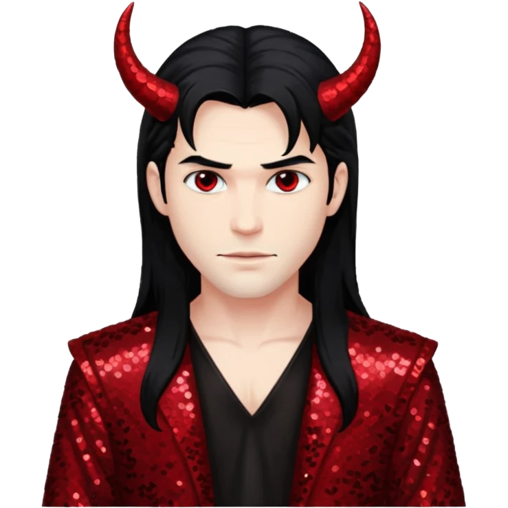 Lucifer from The Bible with long black hair, dark red sequin outfit emoji