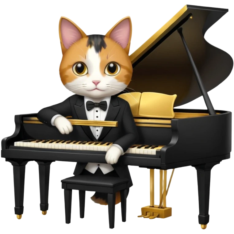 calico cat play gold piano, wear black suit, portrait emoji