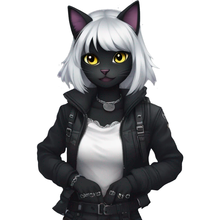 Gorgeous gothic dark techwear anime style anthro black cat furry with blushing face aesthetic and pretty edgy black with collar and harness trending style emoji
