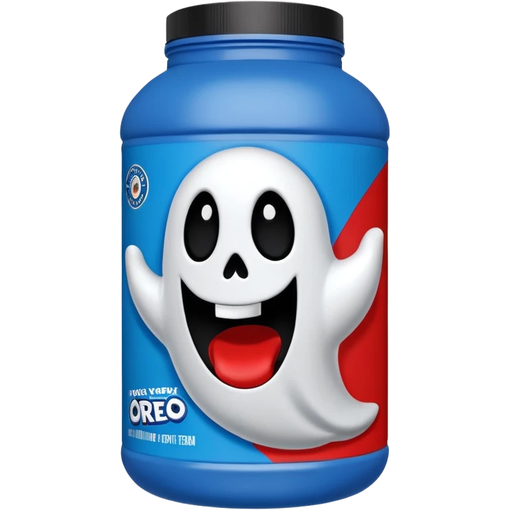“Front-facing Ghost whey protein powder bottle, tall white plastic tub with wide shoulders and bold red lid. Blue and black Oreo-inspired label with the white GHOST logo and small ghost mascot. Clean studio lighting, soft shadow, realistic emoji-style product, centered on white background.” emoji