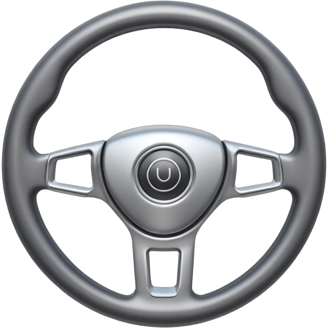 A futuristic steering wheel emoji made of silver chrome, minimal geometric design, smooth metallic surface, soft reflections, iOS emoji style, centered, clean white background emoji