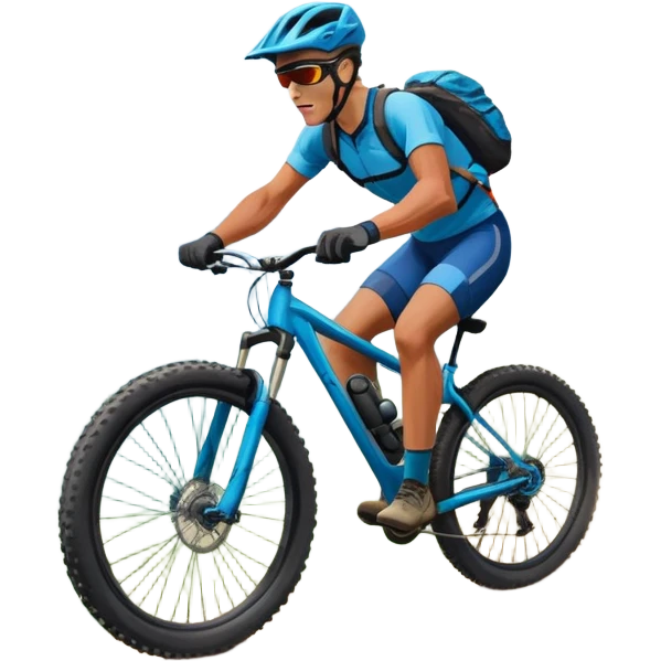 An icon featuring a mountain bike with thick tires on a rugged trail. The background showcases a breathtaking mountain landscape with green slopes, rocky peaks, and a bright blue sky. A cyclist in a helmet rides downhill, kicking up dust.  Transparent background emphasizes adventure and speed emoji