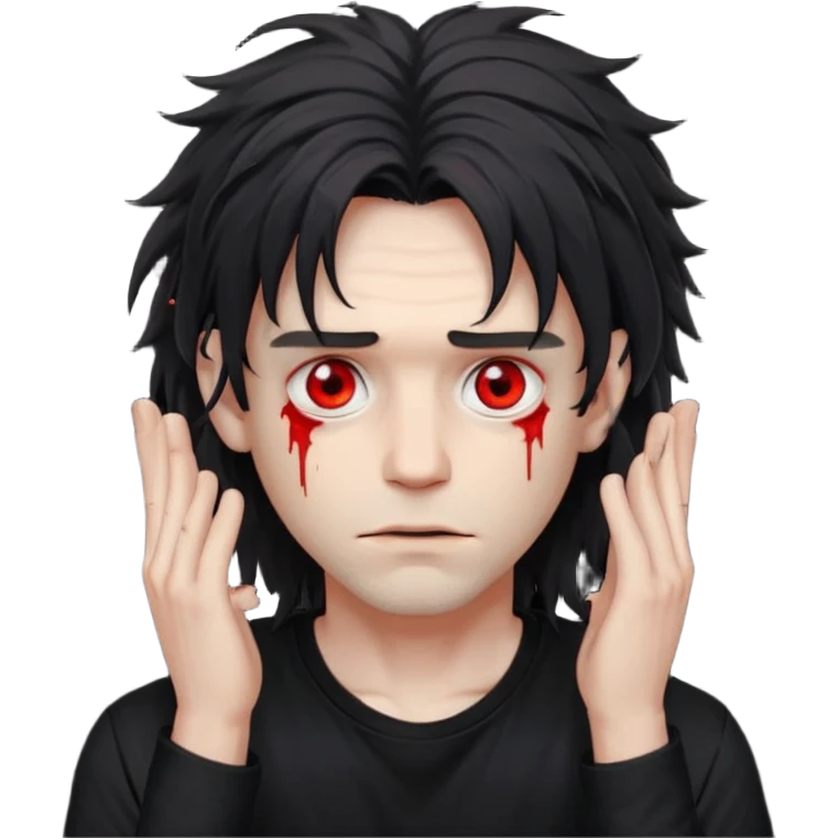 Парень с бледной кожей и красными глазами,  чёрные длинные растрёпанные волосы до ушей, в черной футболке  emoji