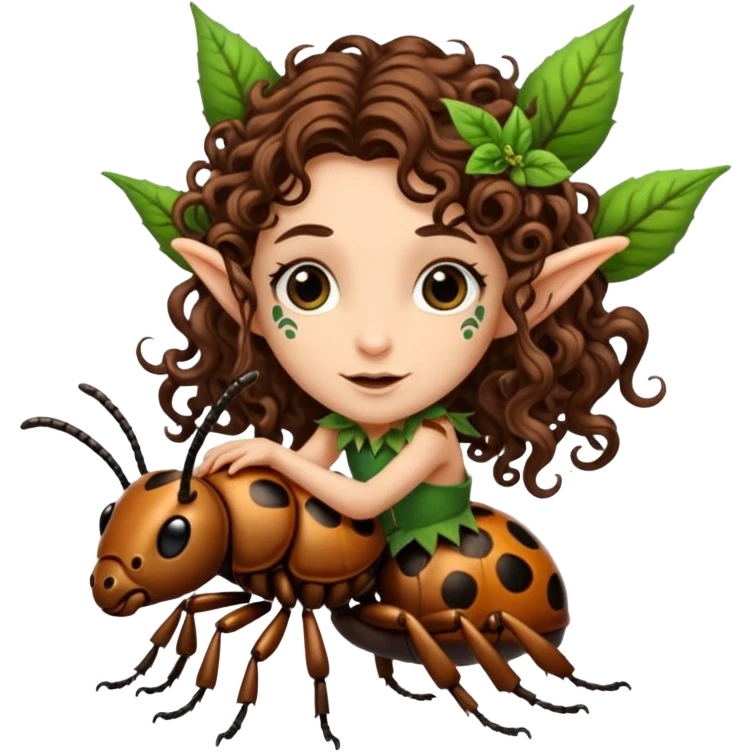 tiny forest elf long curly brown hair tattoos riding beetle emoji