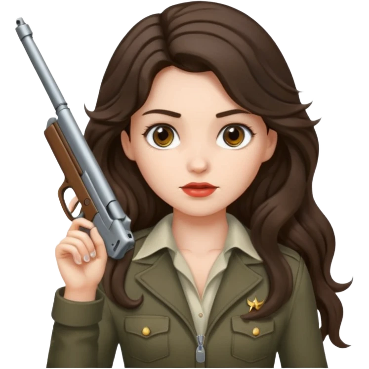 A brunette with long wavy hair girl who is about to kill herself with a littlr gun pointed at her temple emoji