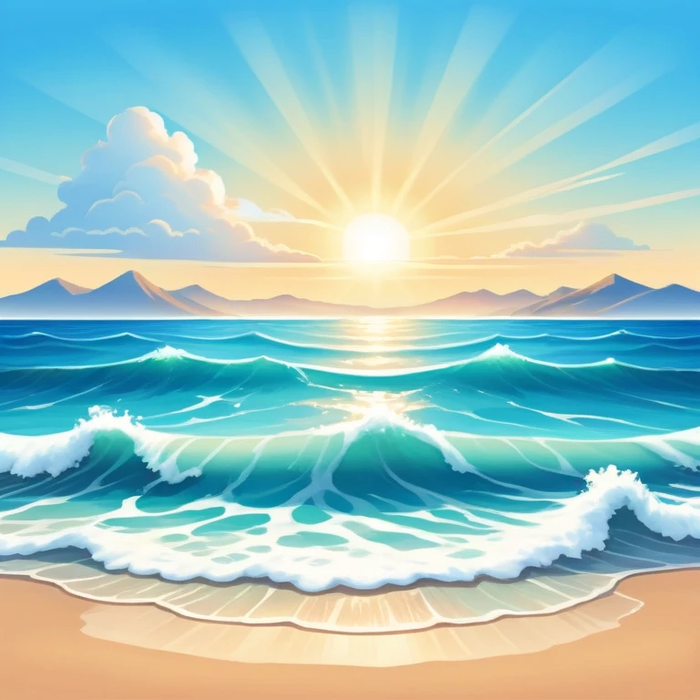 A beautiful  shoreless seascape with waves in warm tones under a bright sun, with the azure sea occupying the foreground. The sunlight reflects off the water, creating a vibrant, peaceful atmosphere. The background features a stunning sky with soft clouds and a distant horizon. emoji
