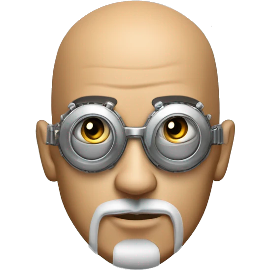 Tan bald male Latino cyborg head with grey beard, silver steampunk monocle goggles and circuits emoji