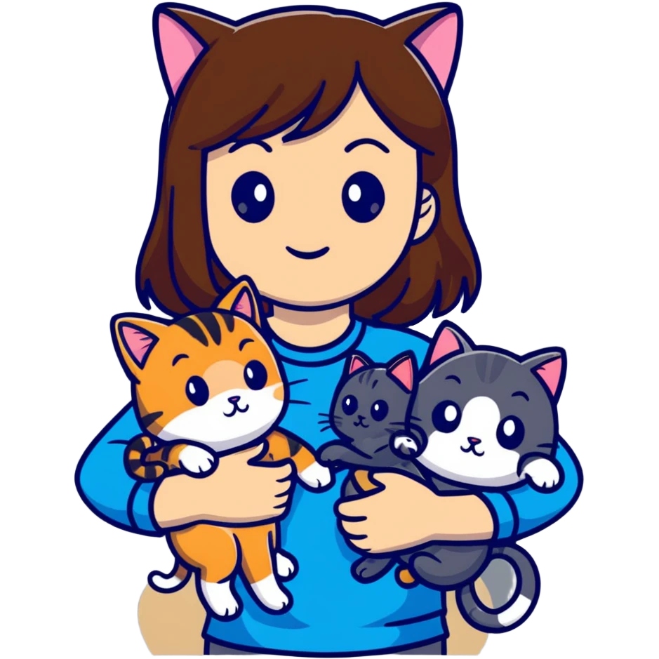 tan brown-haired girl holding two cats, one black cat and one grey-striped cat emoji