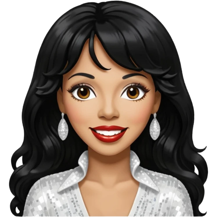 Donna Summer with long jet black hair, white sequin outfit  emoji