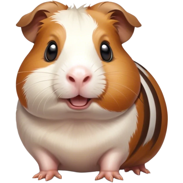 Cinematic Comical Brown and White Banded Guinea Pig Portrait Emoji, Head tilted dramatically with an exaggeratedly amused expression, featuring a striking fur with bold brown and white banding, wide, expressive dark eyes filled with playful disbelief, Simplified yet hilariously expressive features, highly detailed, glowing with a slightly sassy glow, high shine, dramatic yet playful, stylized with an air of cheeky mischief, bright and endearing, soft glowing outline, capturing the essence of a spirited and over-the-top guinea pig, so meme-worthy it feels like it could side-eye its way into internet fame instantly! emoji