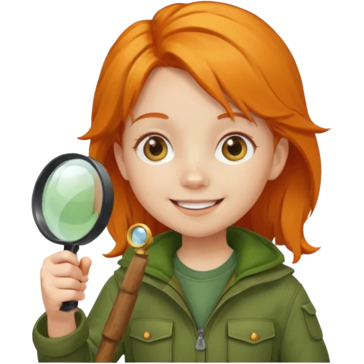 braid orange haired girl kid in moss green explorer outfit, holding magnifying glass, smile emoji