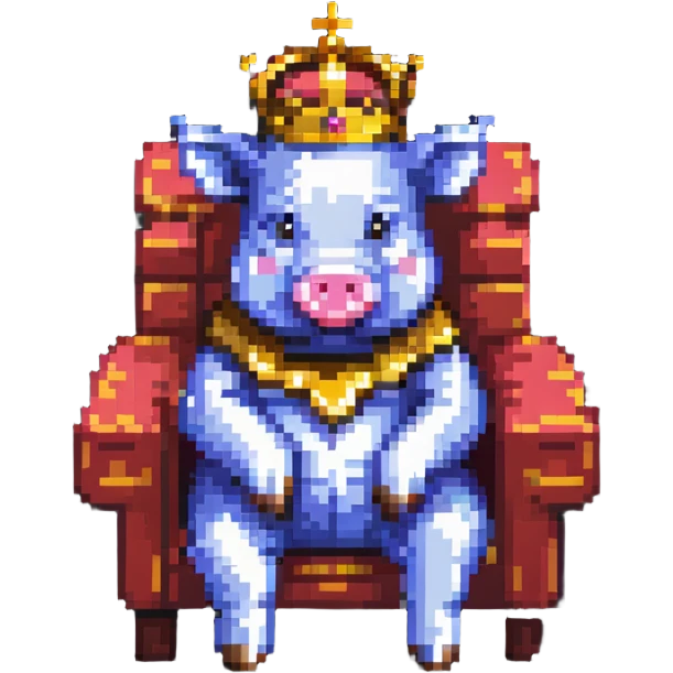simple minimal pixel art pig with a golden crown sitting on a throne, blocky and square like Minecraft emoji