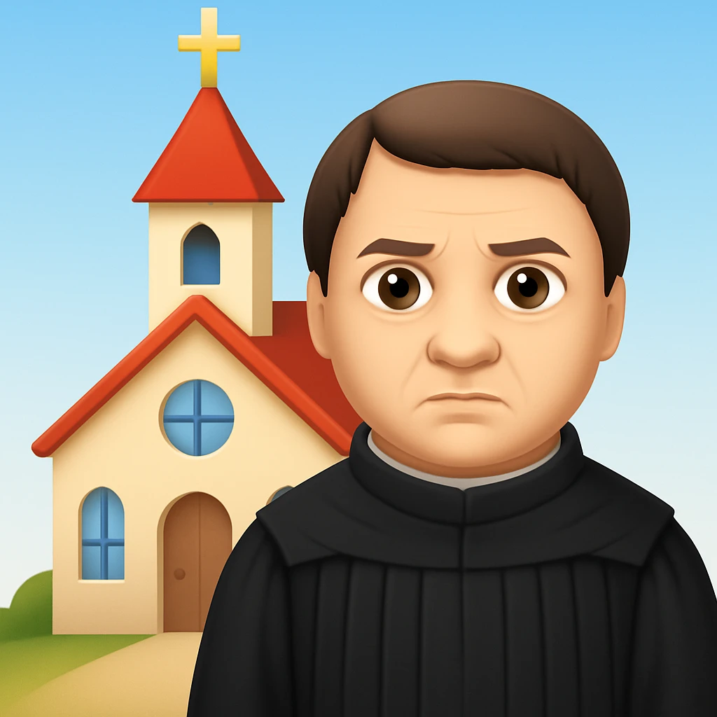 Add a church background behind Martin Luther in the style of apple emojis, preserving the apple emoji style look and feel. emoji