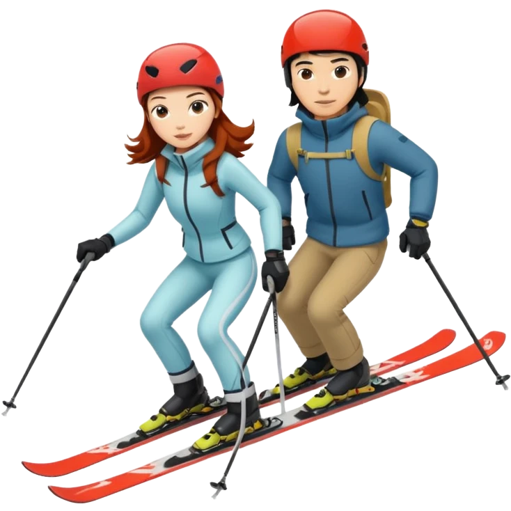 long black haired asian guy skiing with redhead girl emoji