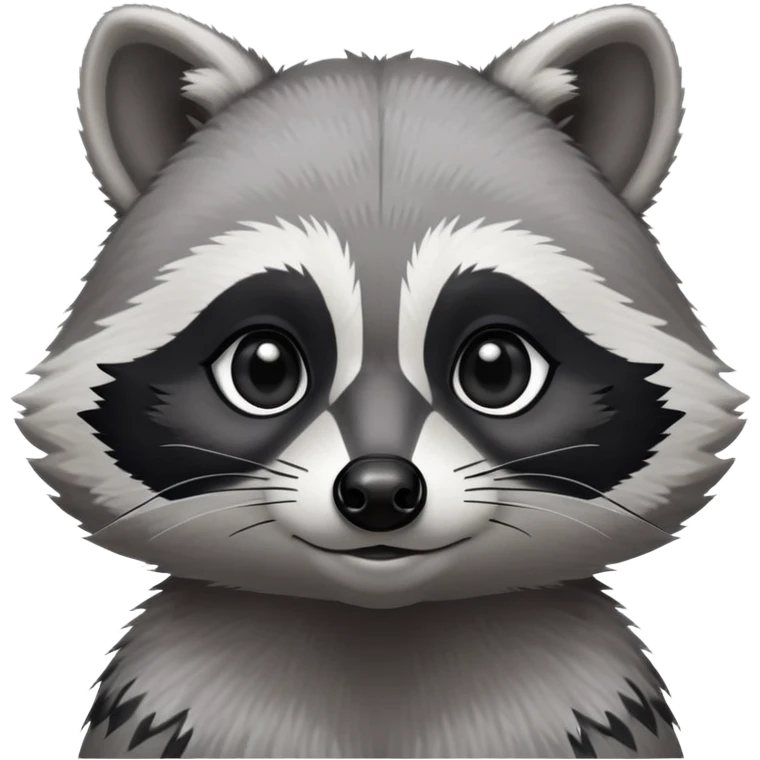Cinematic-Noble-Raccoon-Portrait-Emoji – Poised and confident, with a sturdy build and a beautifully textured fur of silver-grey accented by dark black facial markings, deep-set, cute big black eyes, simplified yet sharp and sophisticated zoom out to show shoulders emoji