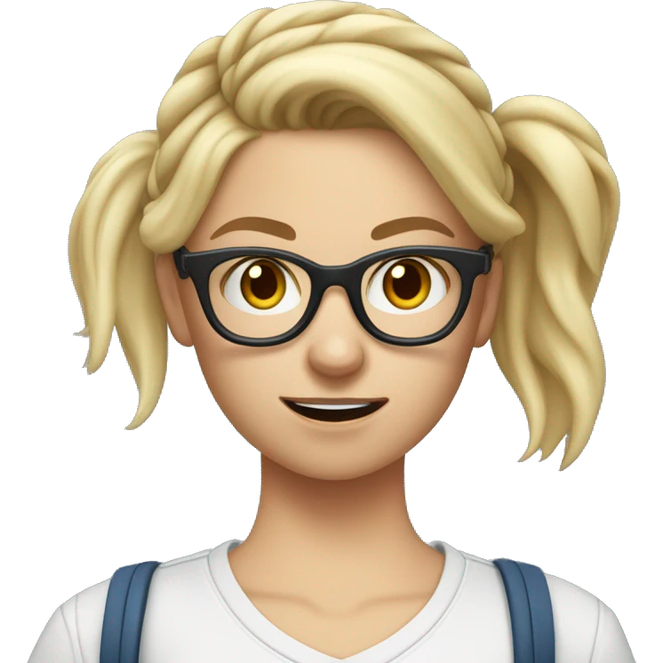 blond and white tall german girl wearing jeans and top and glasses and a hair bun. She holds a tennis racket at hand and her face she seems a bit scared emoji