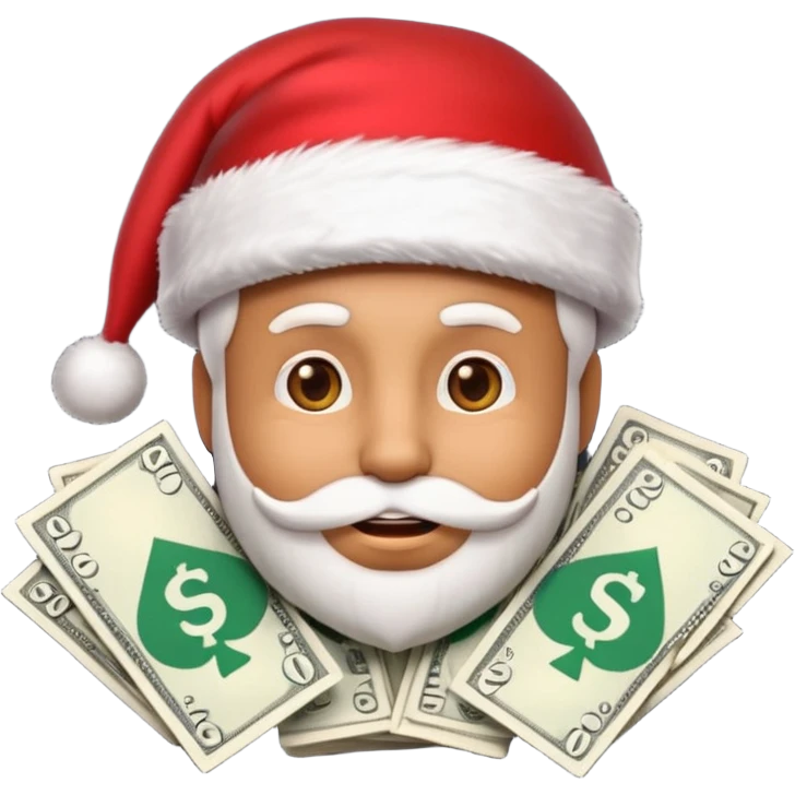 A confident rich emoji face wearing a Santa hat, money stacks, casino vibe, New Year theme, premium 3D emoji style, sharp details, no text, isolated on transparent background emoji