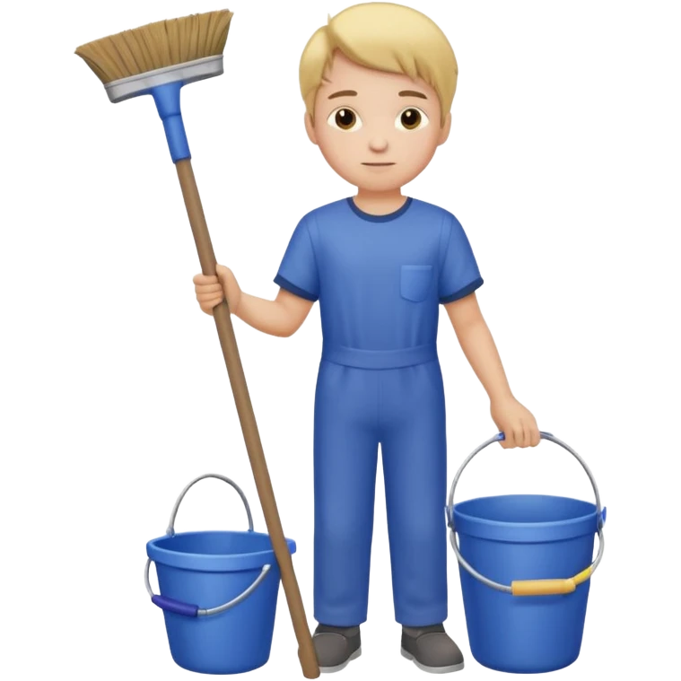 Boy in cleaning clothes, holding a broom and a bucket emoji