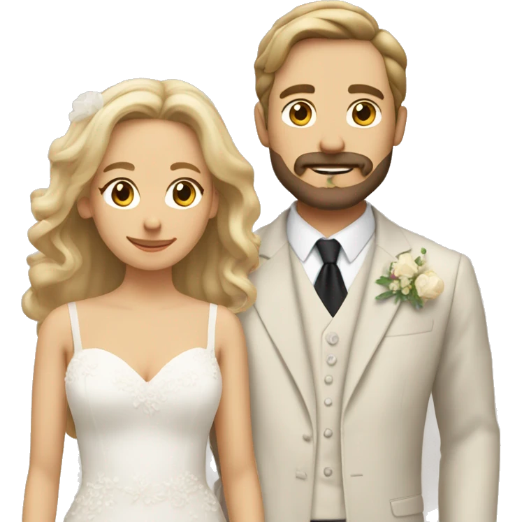 Wedding couple with woman with light tan skin, Sandy blonde hair shoulder length and man with brown hair, beard moustache emoji