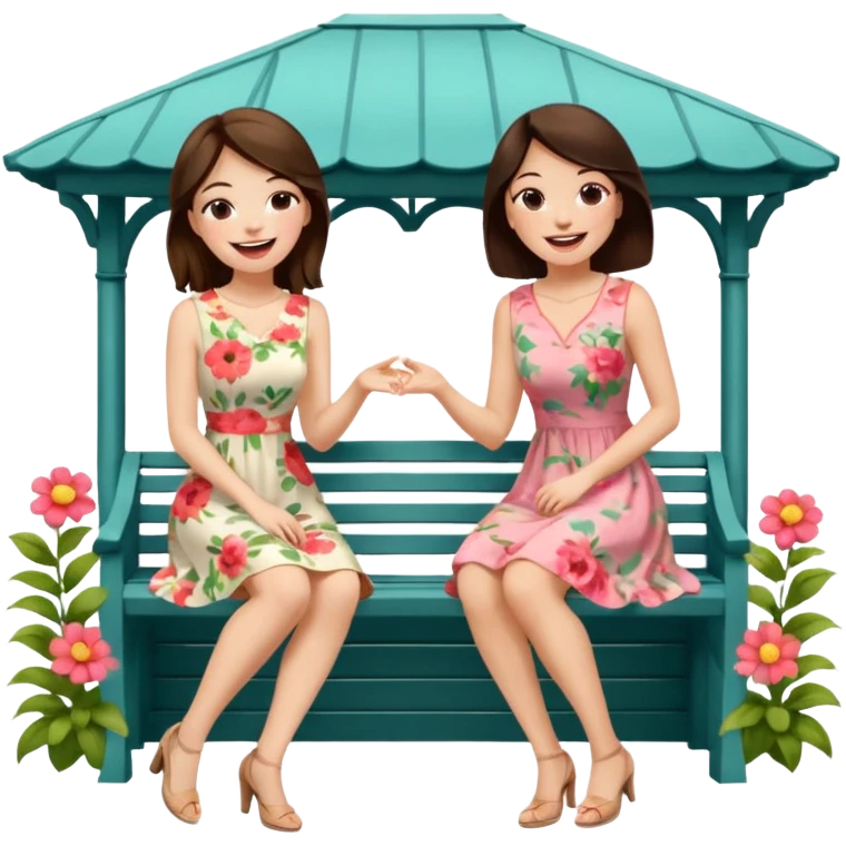 Two brunette women sitting on a white gazebo emoji