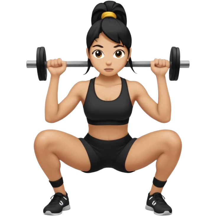 Women with long black ponytail doing a squat with no weights emoji