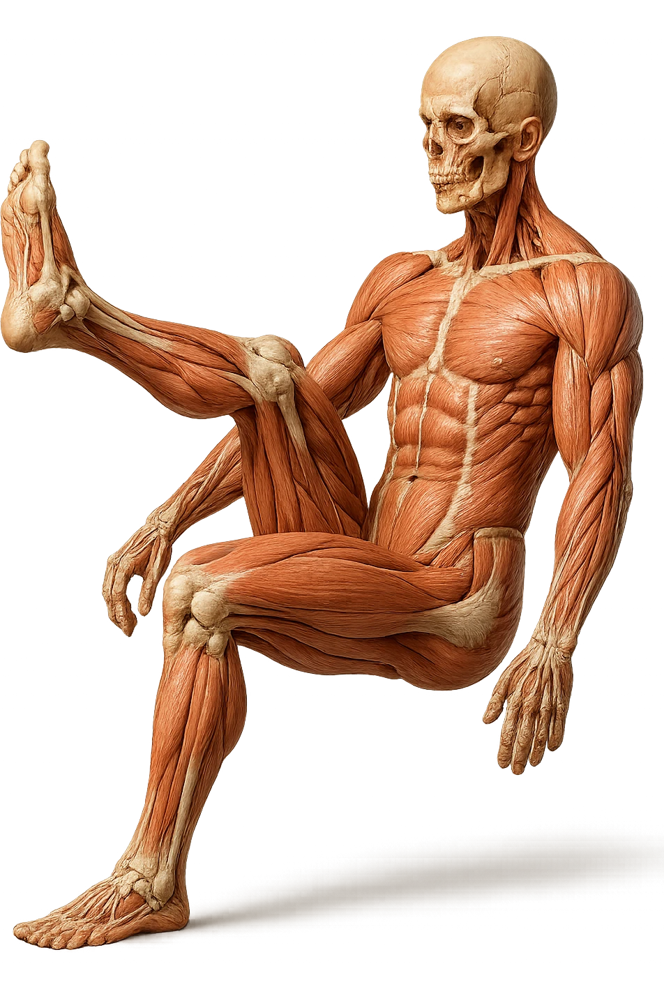 CORPO UMANO ANATOMICO REALISTICO CHE FA UN ESERCIZIO DI MOBILITà ARTICOLARE ALLE GAMBE, IPERREALISTICO 4K emoji