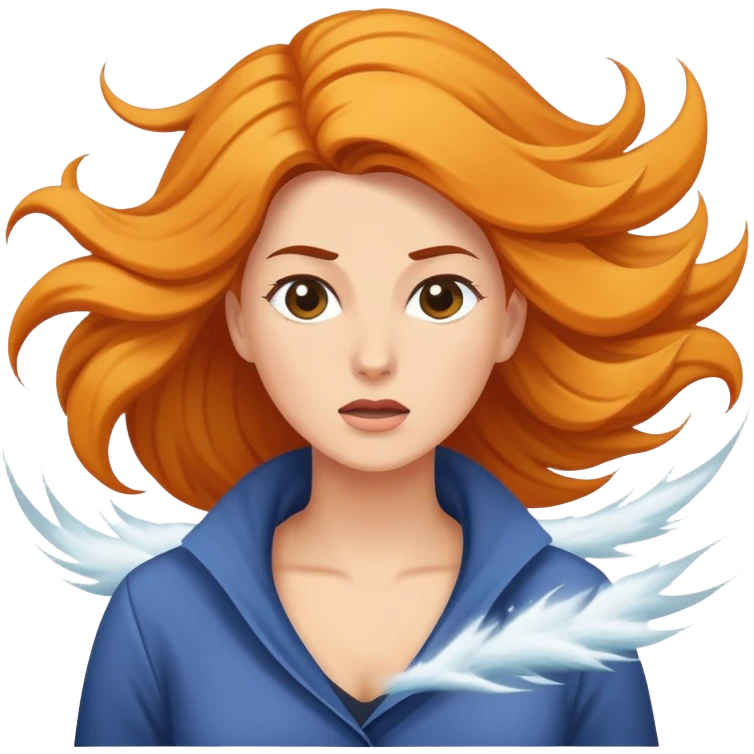 A woman in the middle of hurricane-strength winds. Her hair and clothes getting blown by the powerful gusts of wind. emoji