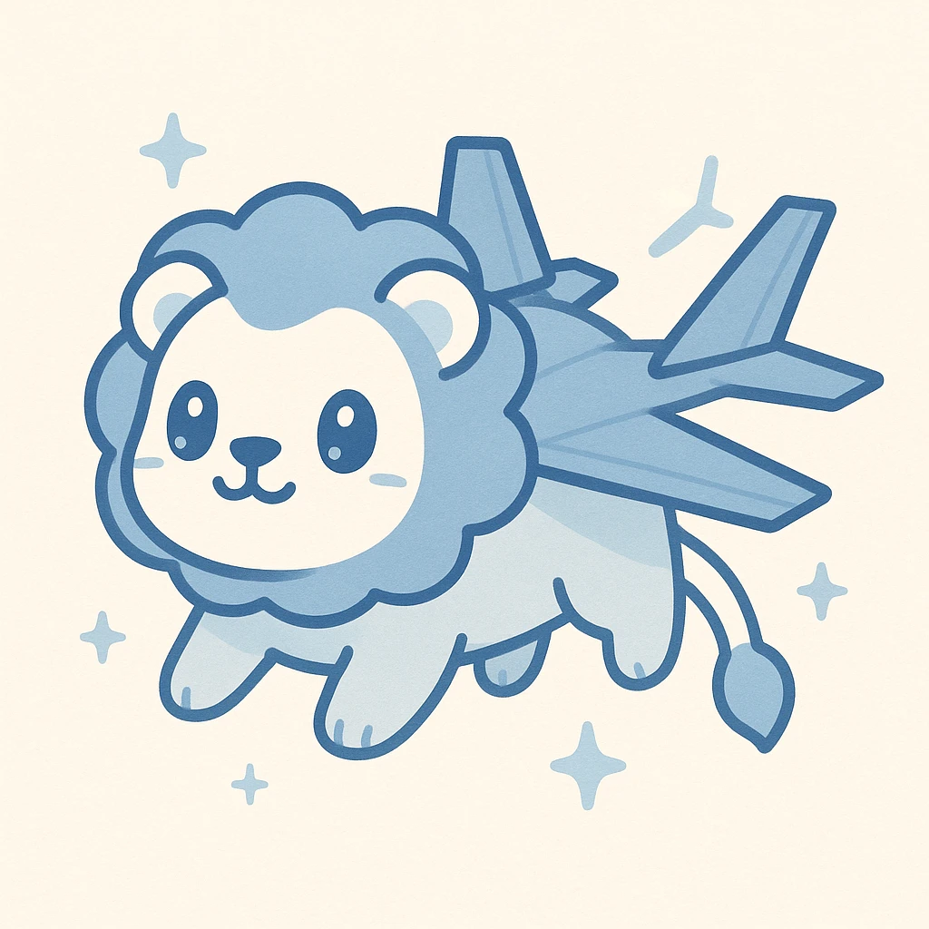 A rising lion inspired by Nyan Cat with a lion's body and F-35 fighter jet wings instead of a rainbow trail, using blue and white colors throughout the design, playful and energetic style emoji