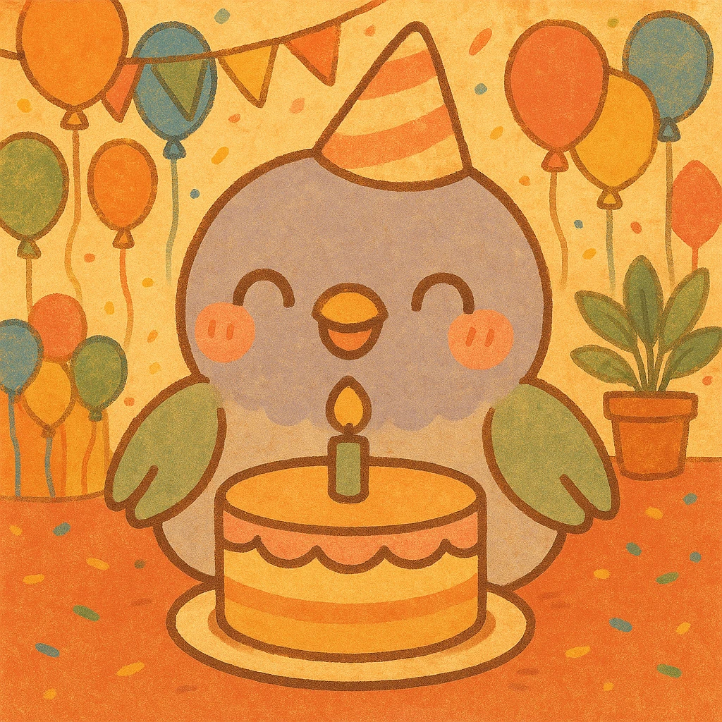 Change the background to a vibrant party venue filled with colorful balloons and decorations. Keep the baby pigeon happily in front of the birthday cake as is. The overall feeling should be warm and cute. emoji
