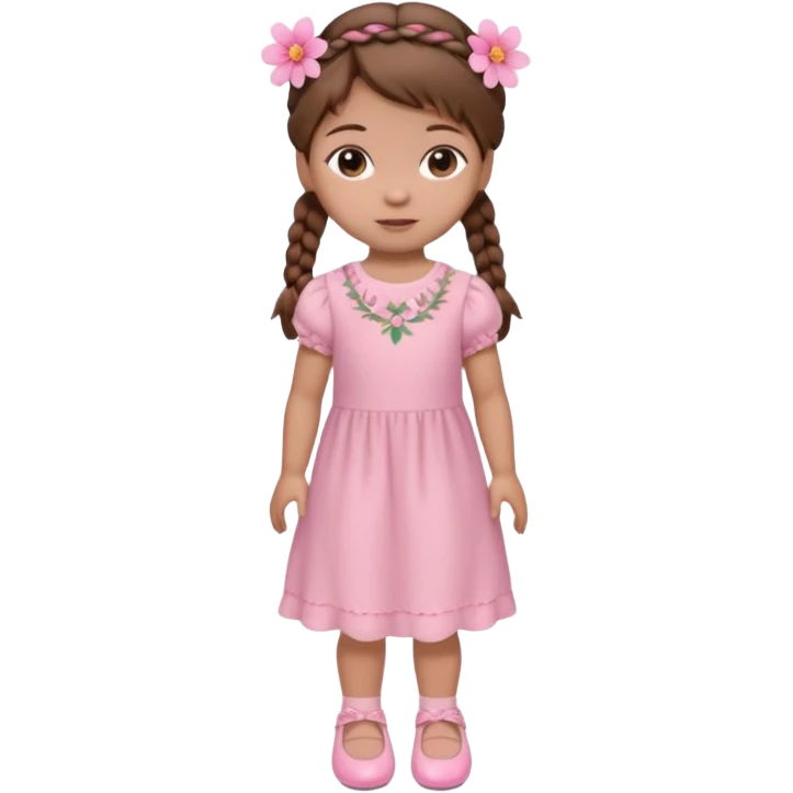 Boneca muito baixa e pequena de cabelo castanho com 2 tranças e uma flor rosa do lado esquerdo usado um vestido rosa claro e sapatinhos rosa emoji