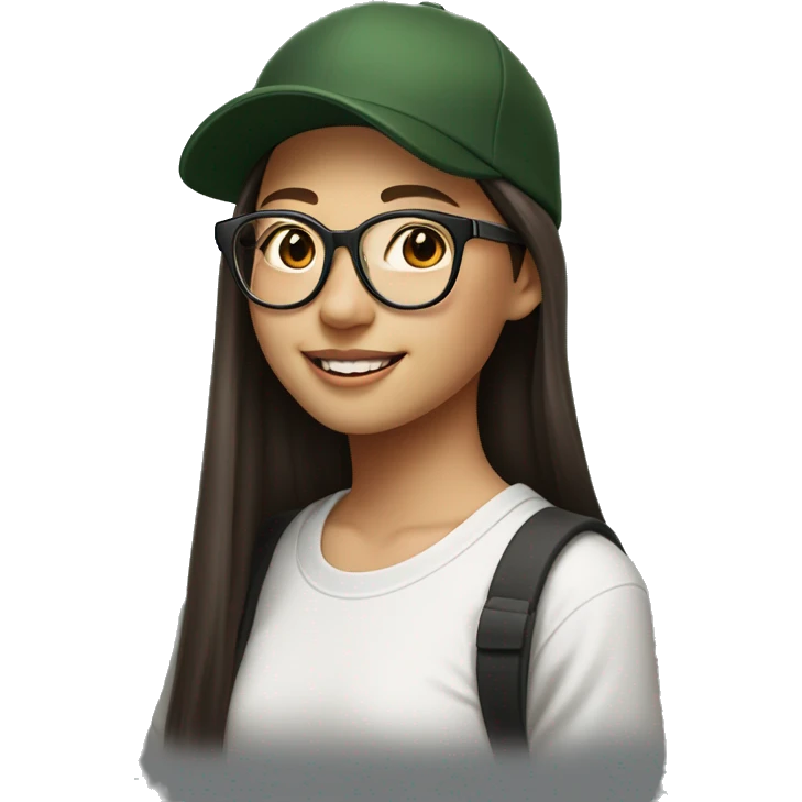 Hyper realistic, look from side, asian girl, light white skin, smiling with teeth, black eyes, spotted frame glasses, long brown straight hair with highlighted strands, black T-shirt, dark green cap. emoji