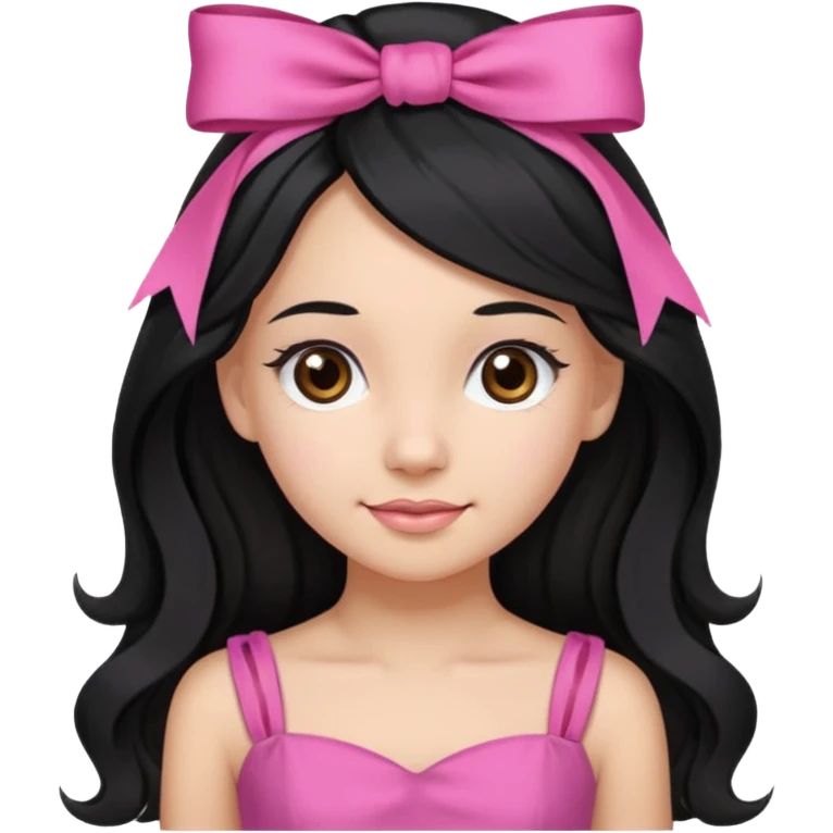 Beautiful girl with long black hair in a half-up half-down hairstyle with pink ribbon tying the top half, waves at the ends, brown eyes, light skin, slight smile, and pink dress emoji