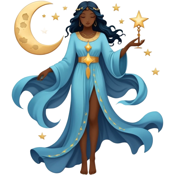 Mystical tarot card with flowing clothing silhouette, ethereal fashion symbol with stars and moon elements emoji