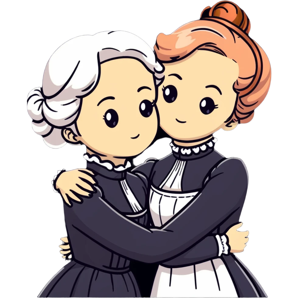 Two Victorian women with light eyes, one with white coiffed hair and one with copper coiffed hair, wearing Victorian high-neck dresses, embracing in a sad intimate hug emoji