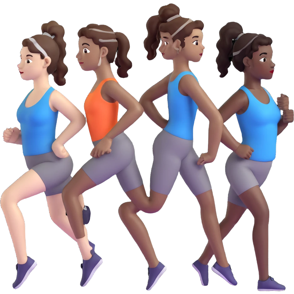 3 women exercising. The woman on the left has pale white skin and curly brown hair in a ponytail. The woman in the middle has black skin and curly black hair. The woman on the right has pale white skin and straight, brown hair in a ponytail. emoji