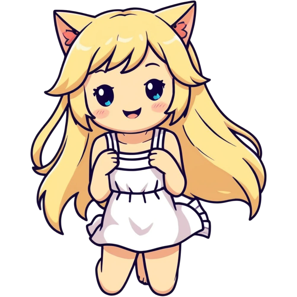 petite blonde catgirl long hair freckles giggling white sundress anime influence emoji