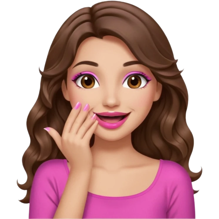 girl with long wavy brown hair, brown eyes, long lashes makeup, pink lips, light to medium complexion, pink sexy top, smiling, hand covering the mouth, giggling emoji