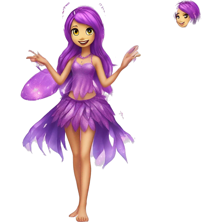 Tecna adult fairy of technology her enchantix fairy purple sparkling two-piece clothing and fairy enchantix wings and long dark pink hair in from winx club. Lots of sparkles and fairydust. Full body pic and full fairy bliss emoji