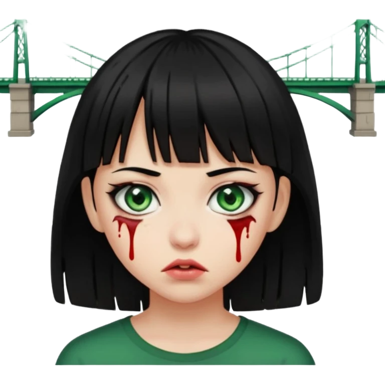 Guria com cabelo preto franjinha sangrando olhos verdes  fundo preto e um piercing bridgepiercing emoji