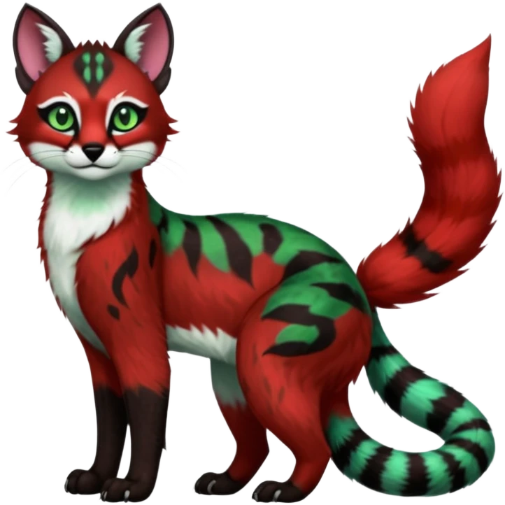 Colorful dark tropical sanguine-red, black, white fur, with green eyes, iridescent glorious divine exotic cute cool beautiful shiny beautiful fantasy-caracal-civet-genet-sergal-vernid-Cacomistle-oncilla-animal-Fakémon-hybrid-fursona with pattern markings (full body) emoji