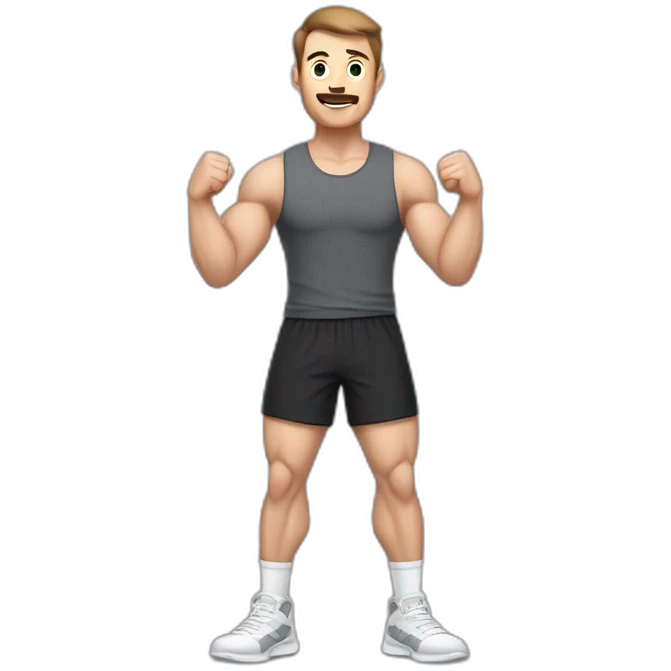 Full height Actively gesturing with hands Pale skinned Fit Man With the biceps and brown hair in dark gray Sleeveless Mike, black oversize sports shorts, watch and white Sneakers emoji