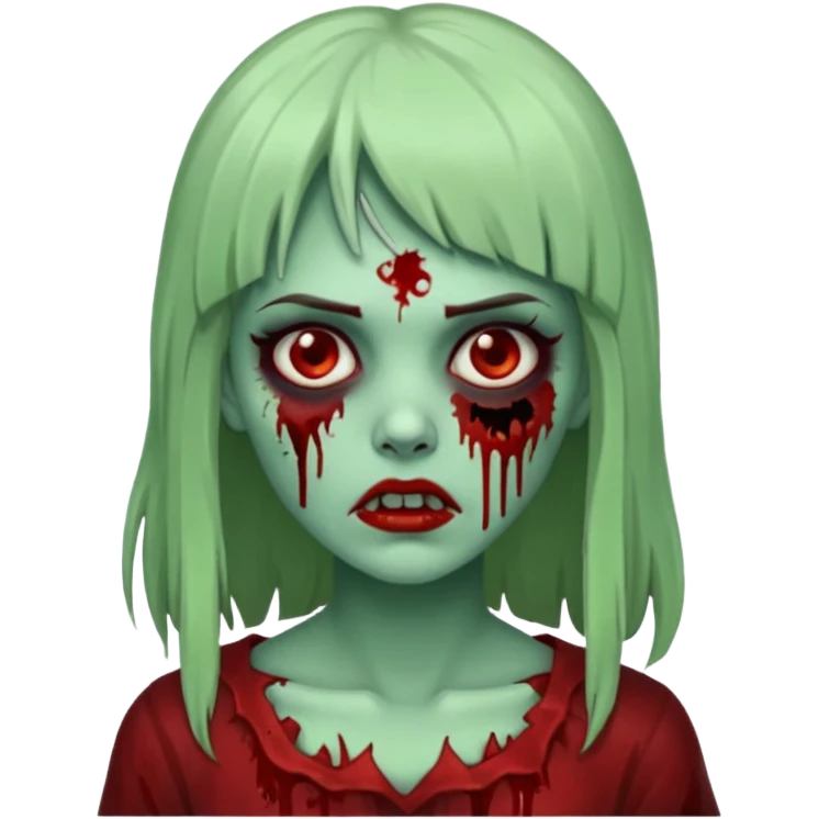 Mulher cabelo de franjinha pele verde zumbi sangrando bonito emoji