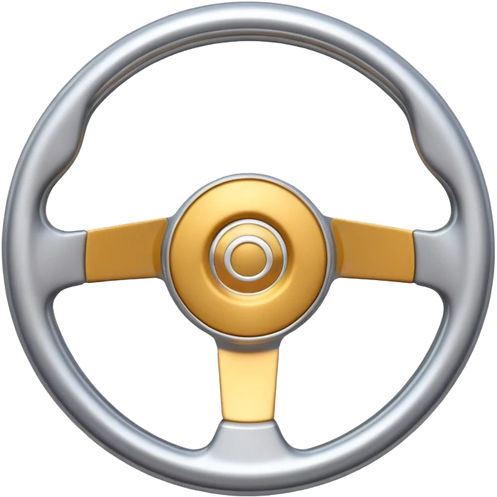 A futuristic steering wheel emoji made of silver chrome, minimal geometric design, smooth metallic surface, soft reflections, iOS emoji style, centered, clean white background emoji