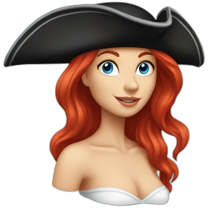 Woman long red hair on one side in a platt.pirate hat. One side of head has no hair. Blue eyes. skull and crossbones t shirt emoji