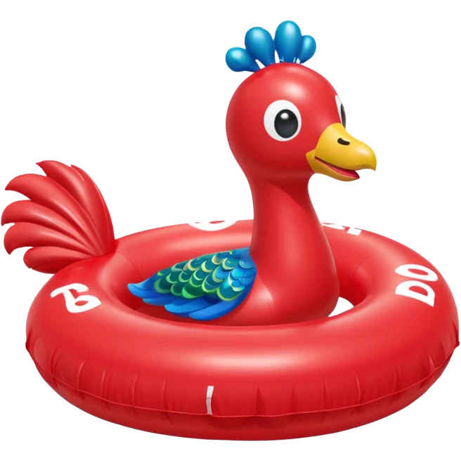 Red balloon animal dog pool floatie and peacock pool floatie emoji